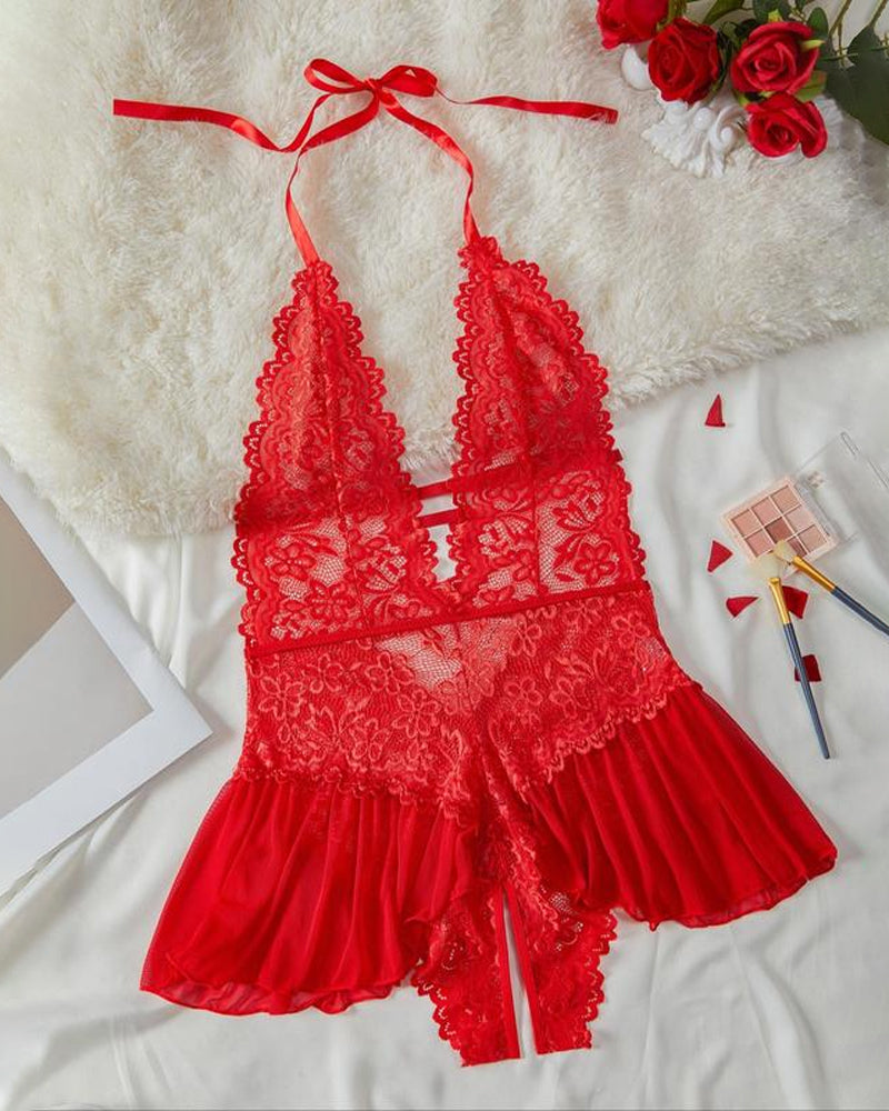 ArdentMist™ – Floral Lace Halter Babydoll with Sheer Mesh Skirt