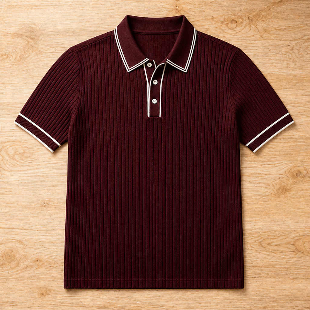 VeroStride™ – Retro Ribbed-Knit Polo with Contrast Tipped Collar