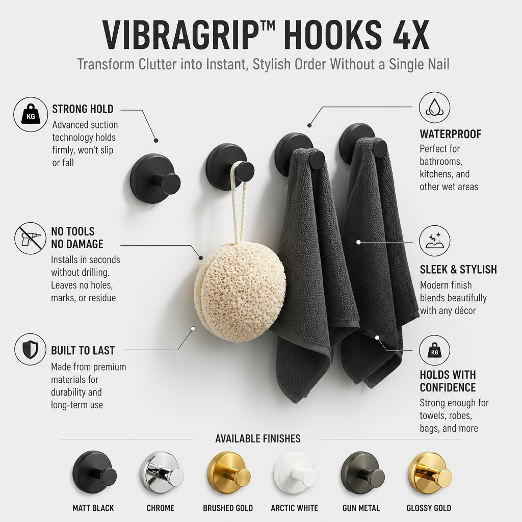 VibraGrip™ Hooks 4X — Transform Clutter into Instant, Stylish Order Without a Single Nail