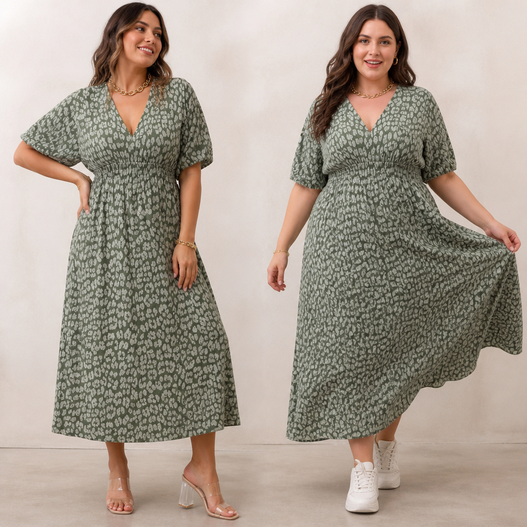 LuminaCharm™ Women’s V-Neck Printed Dress — Slip Into Confidence and Color That Celebrates Every Curve