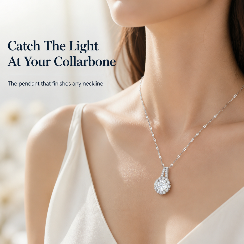 LumaRay™ – Brilliant-Cut Floral Halo Pendant Necklace in Sterling Silver