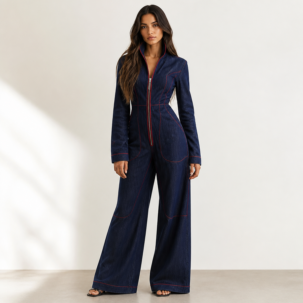 Velozia™ – Waist-Sculpting Wide-Leg Denim Jumpsuit with Zip Front