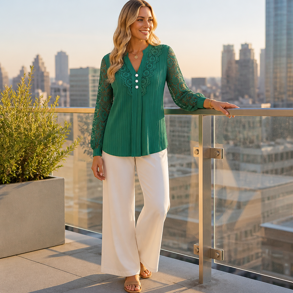LumivaLace™ Pleated V-Neck Top — Unleash Effortless Elegance That Moves with You