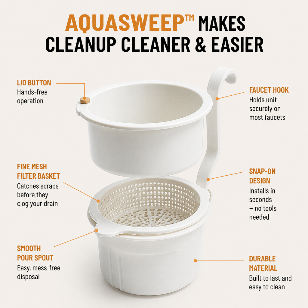AquaSweep™ — Snap On, Stop Clogs, and Toss Scraps Without Lifting a Finger