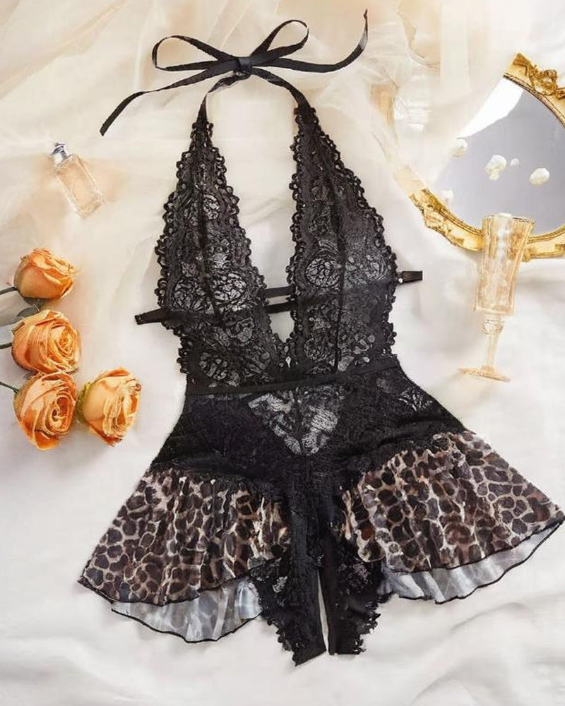ArdentMist™ – Floral Lace Halter Babydoll with Sheer Mesh Skirt