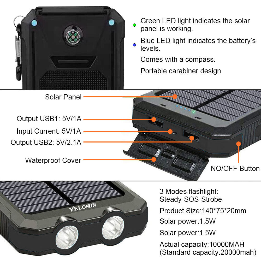 Solar Charger 10,000mAh with Dual USB Ports and LED Light