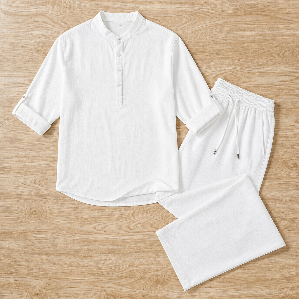 BreezyLife™ – Breathable Cotton-Blend Summer Shirt & Drawstring Pants Set