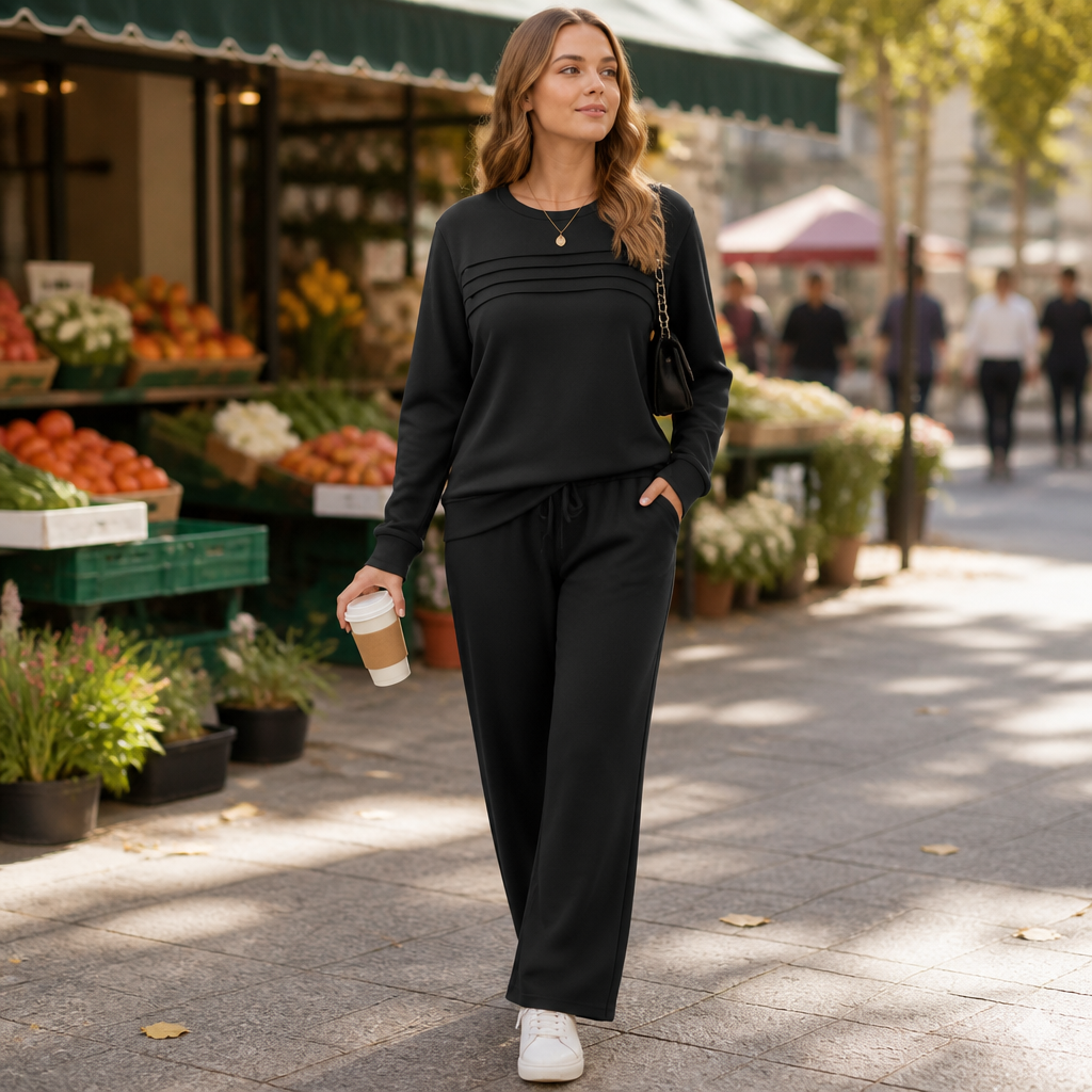 LuxeLoom™ – Relaxed Pleated Lounge Set with Wide-Leg Drawstring Pants