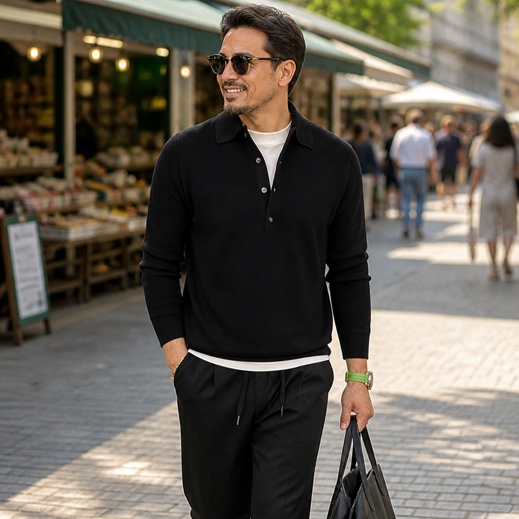 LuxeWave™ – Fine-Knit Long-Sleeve Polo with Three-Button Placket