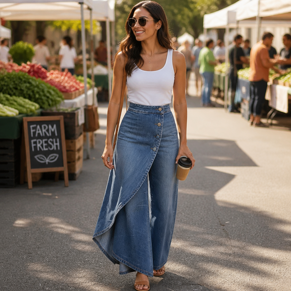 LumaCurve™ – Elegant Wide-Leg Jeans with Asymmetric Wrap-Front Overlay