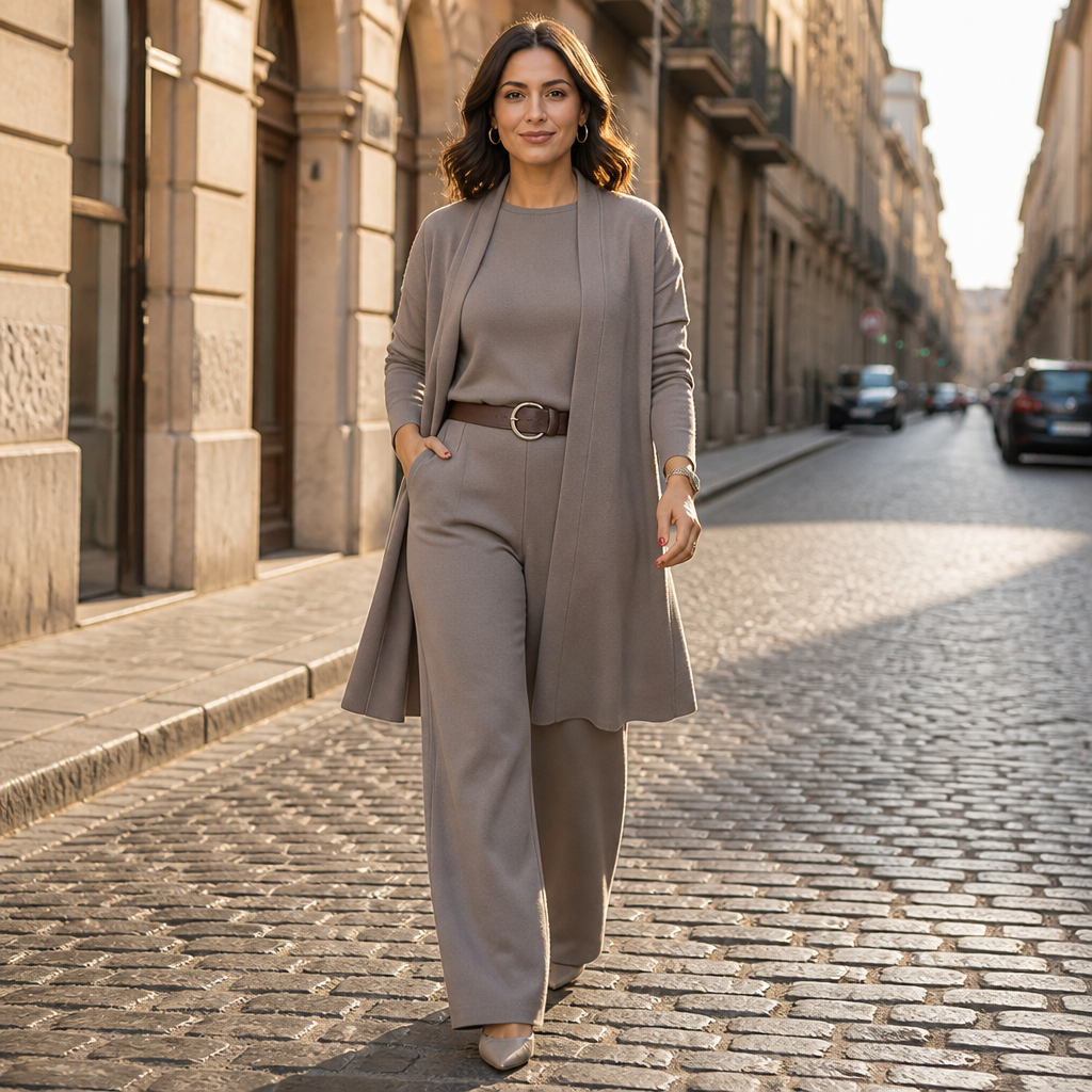 elegant 3-piece set featuring long cardigan, top, and pants 3