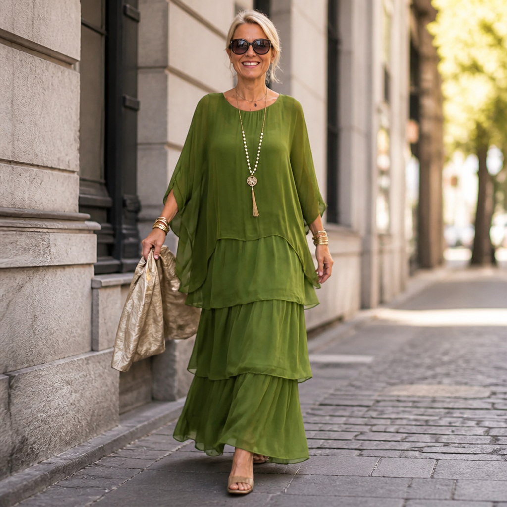 VeroLuxe™ – Flowy Tiered Maxi Dress with Cape Sleeves