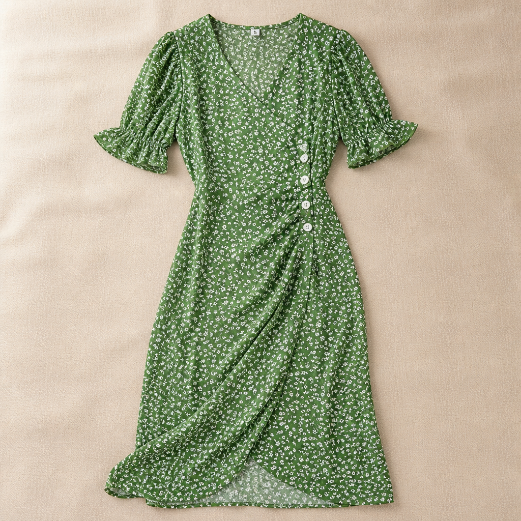SeraphineAura™ – Ditsy Floral Wrap Midi Dress with Ruched Tulip Hem