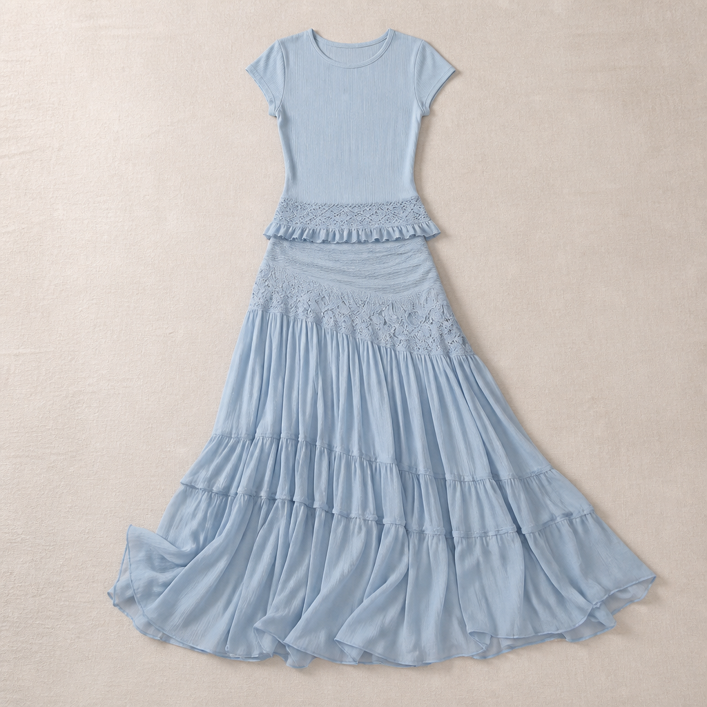 LumaSeren™ – Boho Two-Piece Set with Lace-Panel Tiered Maxi Skirt