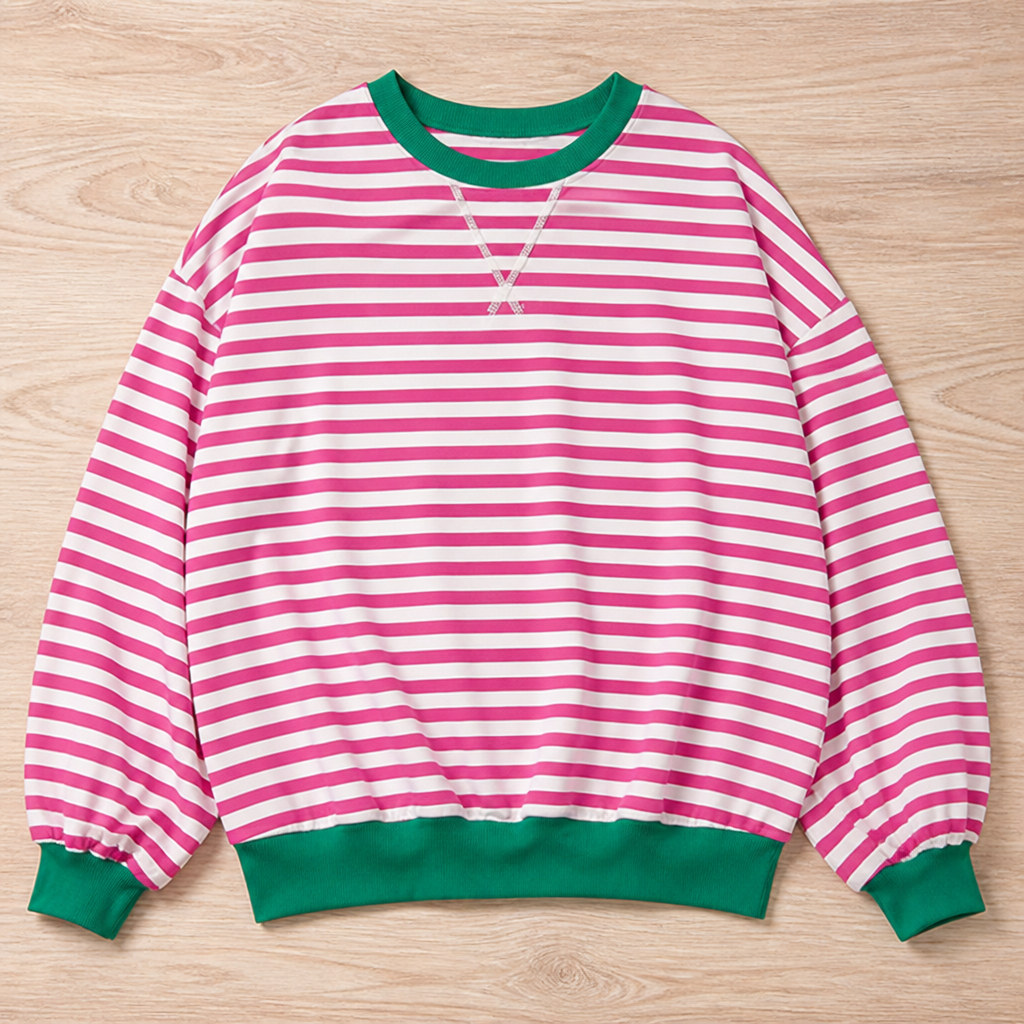 VeroLuxe™ – Relaxed Striped Crewneck Sweatshirt with Contrast Trim