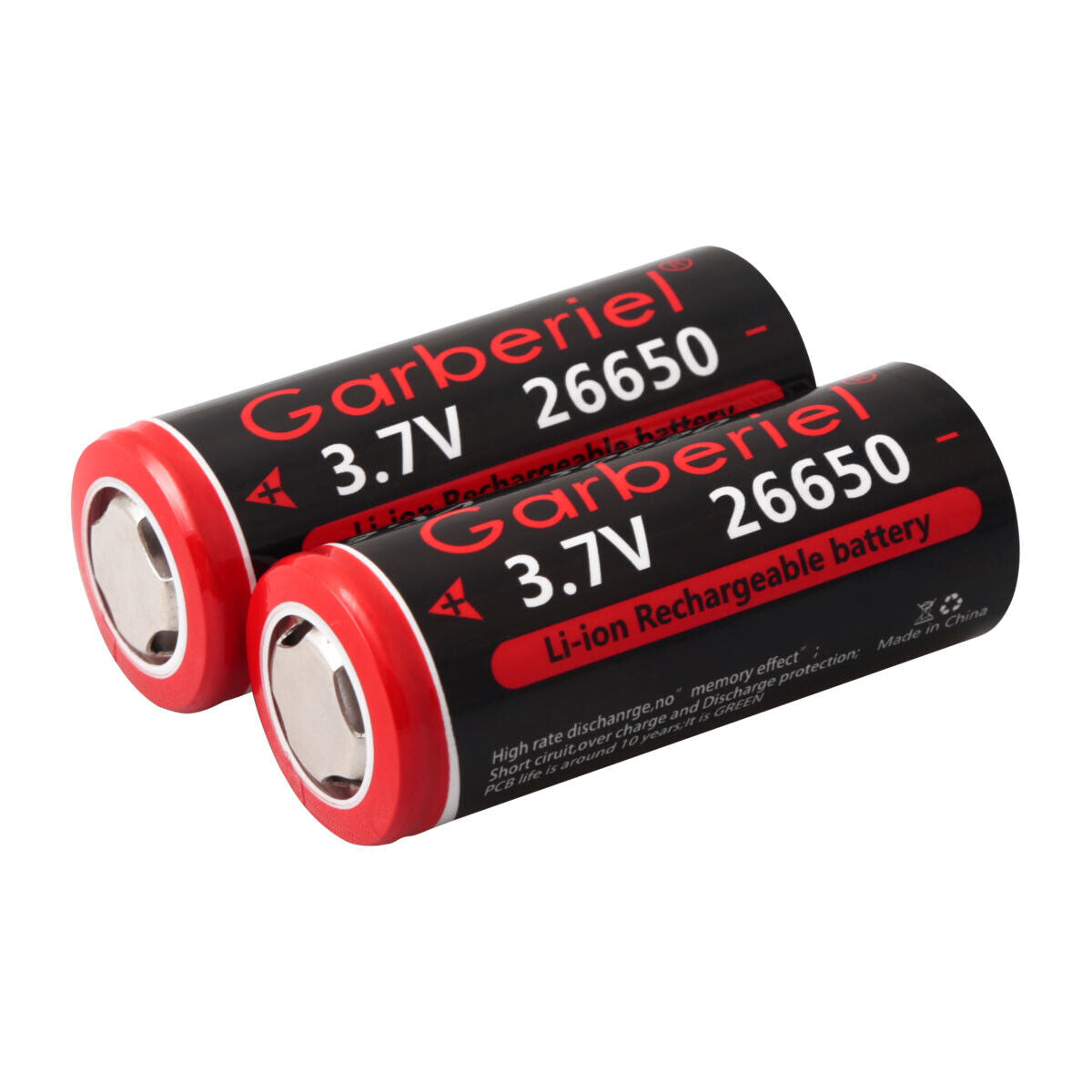 2-Pack 3.7V Rechargeable Flat Top Lithium-ion Batteries 26650
