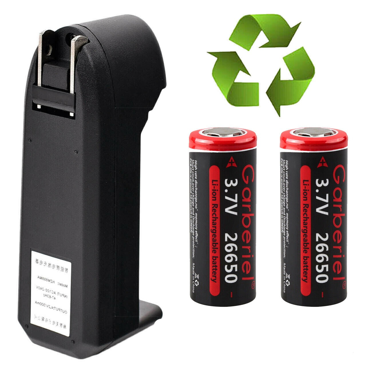 2-Pack 3.7V Rechargeable Flat Top Lithium-ion Batteries 26650