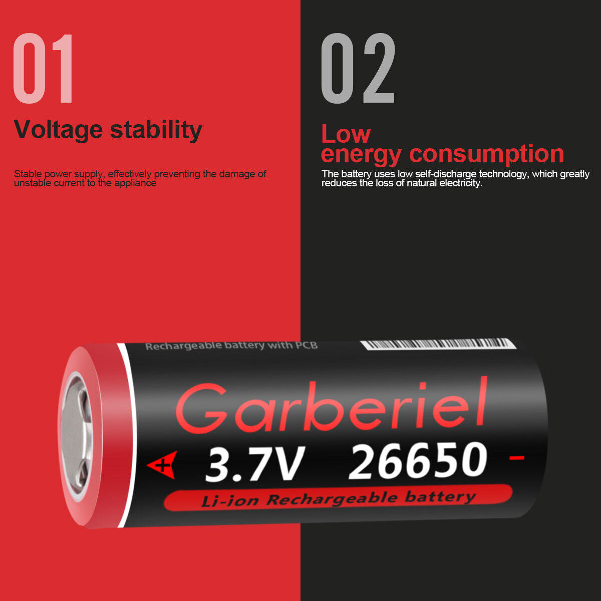 2-Pack 3.7V Rechargeable Flat Top Lithium-ion Batteries 26650