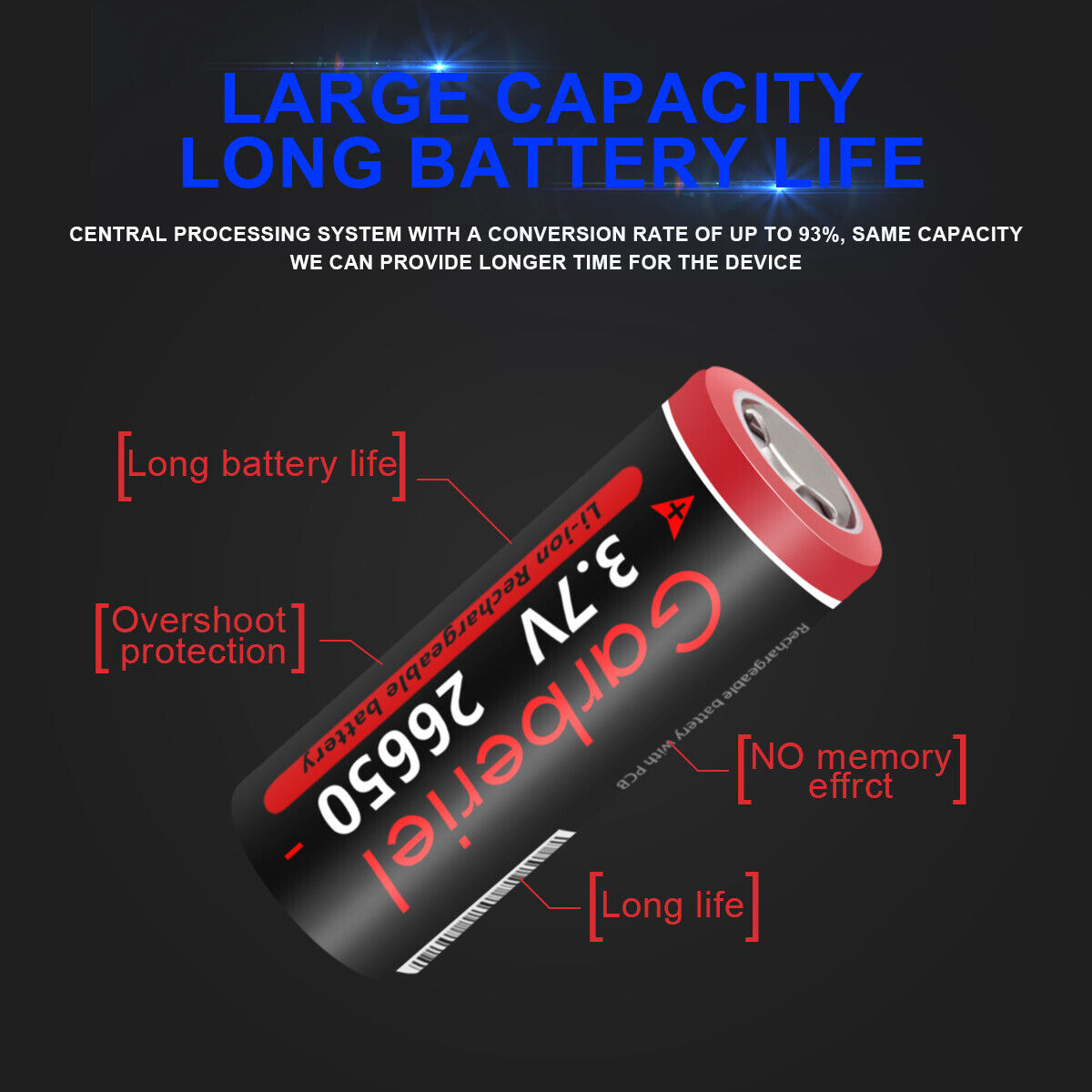 2-Pack 3.7V Rechargeable Flat Top Lithium-ion Batteries 26650