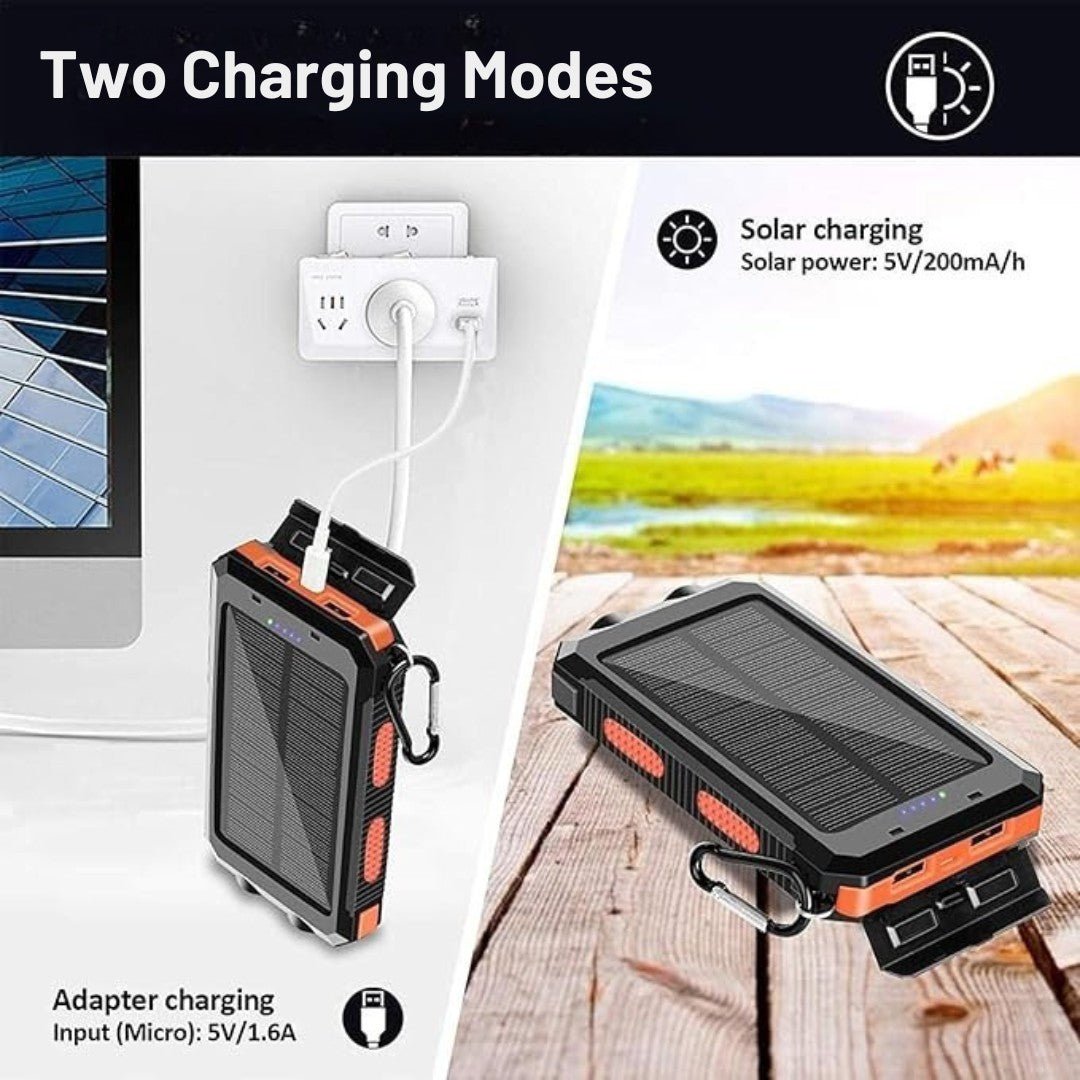 Dual USB Solar Charging Bank with 20,000mAh Capacity and LED Light
