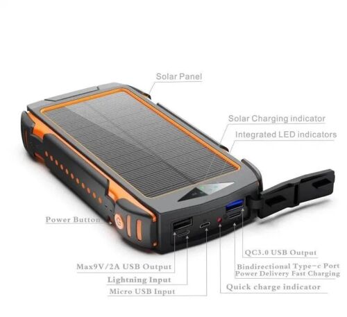 Solar Power Bank 20000mAh with 10W Wireless Charger and LED Light