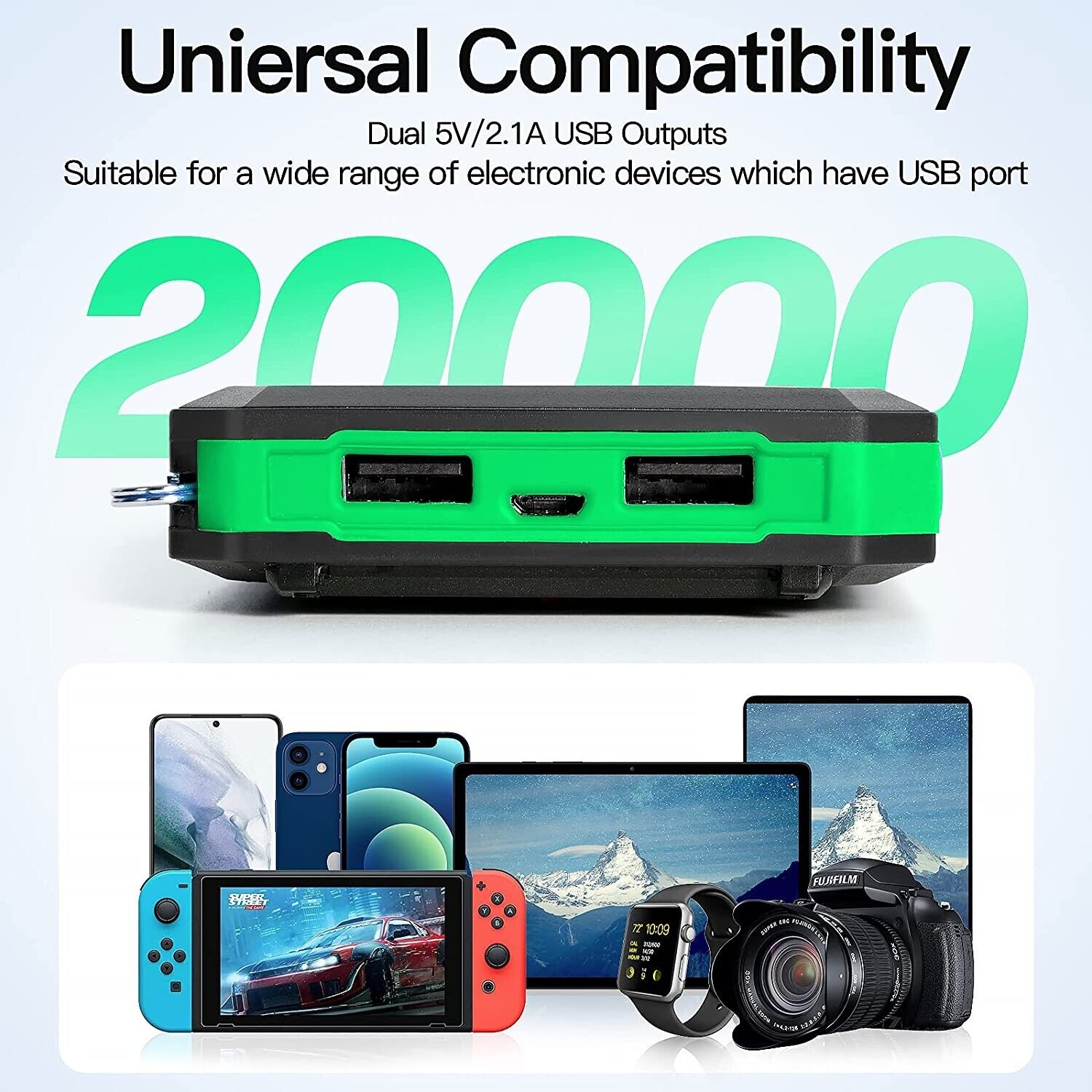 Dual Flashlight Solar Charger with 20000mAh Battery Capacity