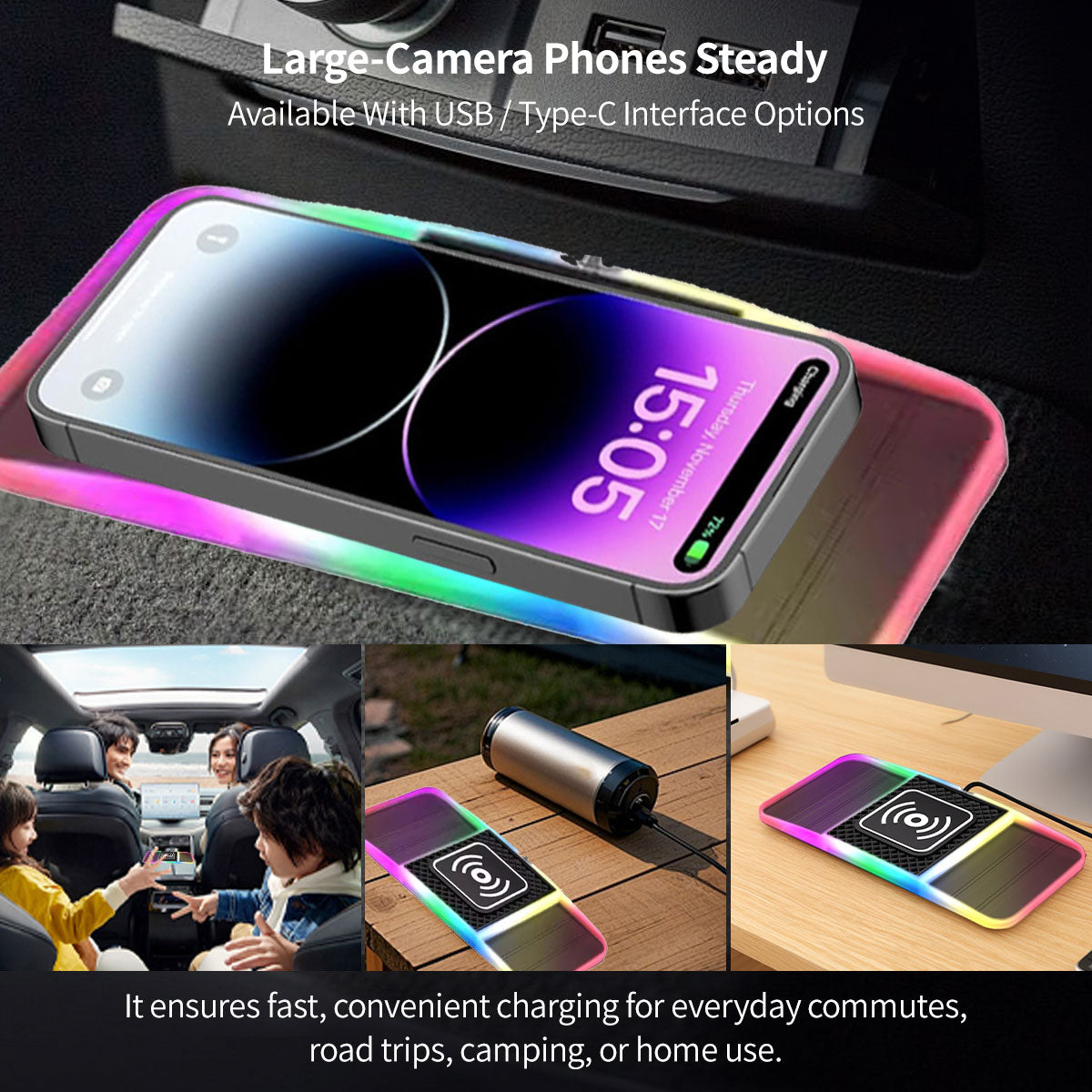 Wireless Car Charger with Dual Slots and Ambient Lighting - 20W