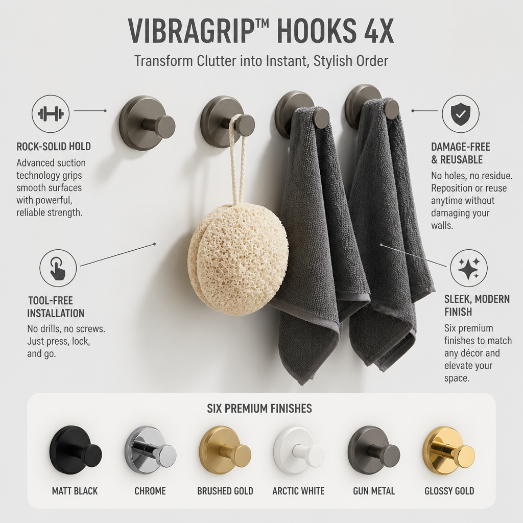 VibraGrip™ Hooks 4X — Transform Clutter into Instant, Stylish Order Without a Single Nail