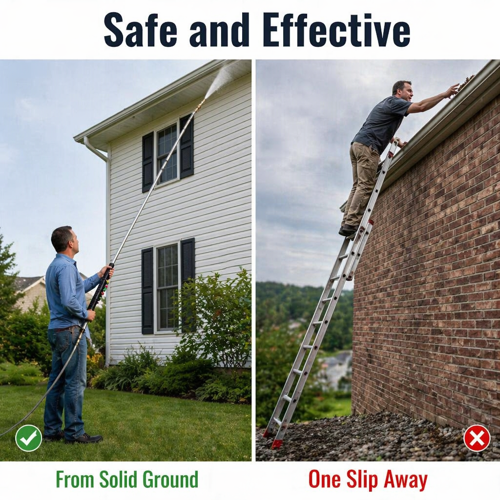 SkySweep™ — Blast Gutters, Siding & Second-Story Grime Without Climbing a Ladder