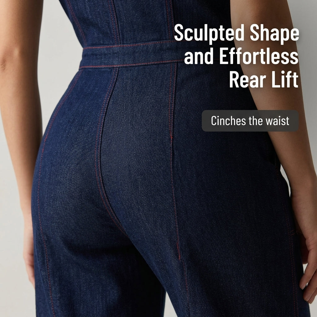Velozia™ – Waist-Sculpting Wide-Leg Denim Jumpsuit with Zip Front