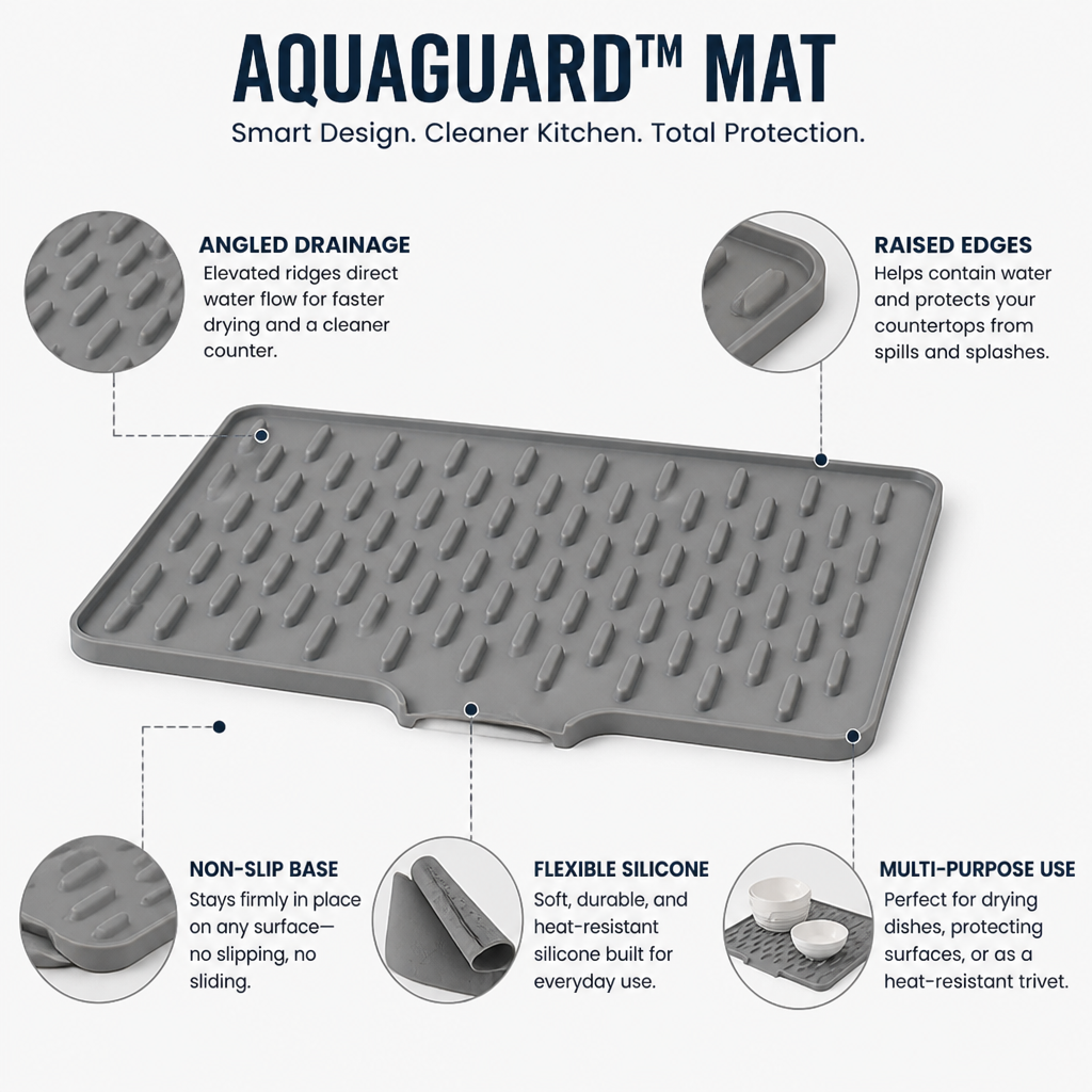 AquaGuard™ Mat — End Kitchen Chaos with Dry Counters and Safer Dishes Every Time