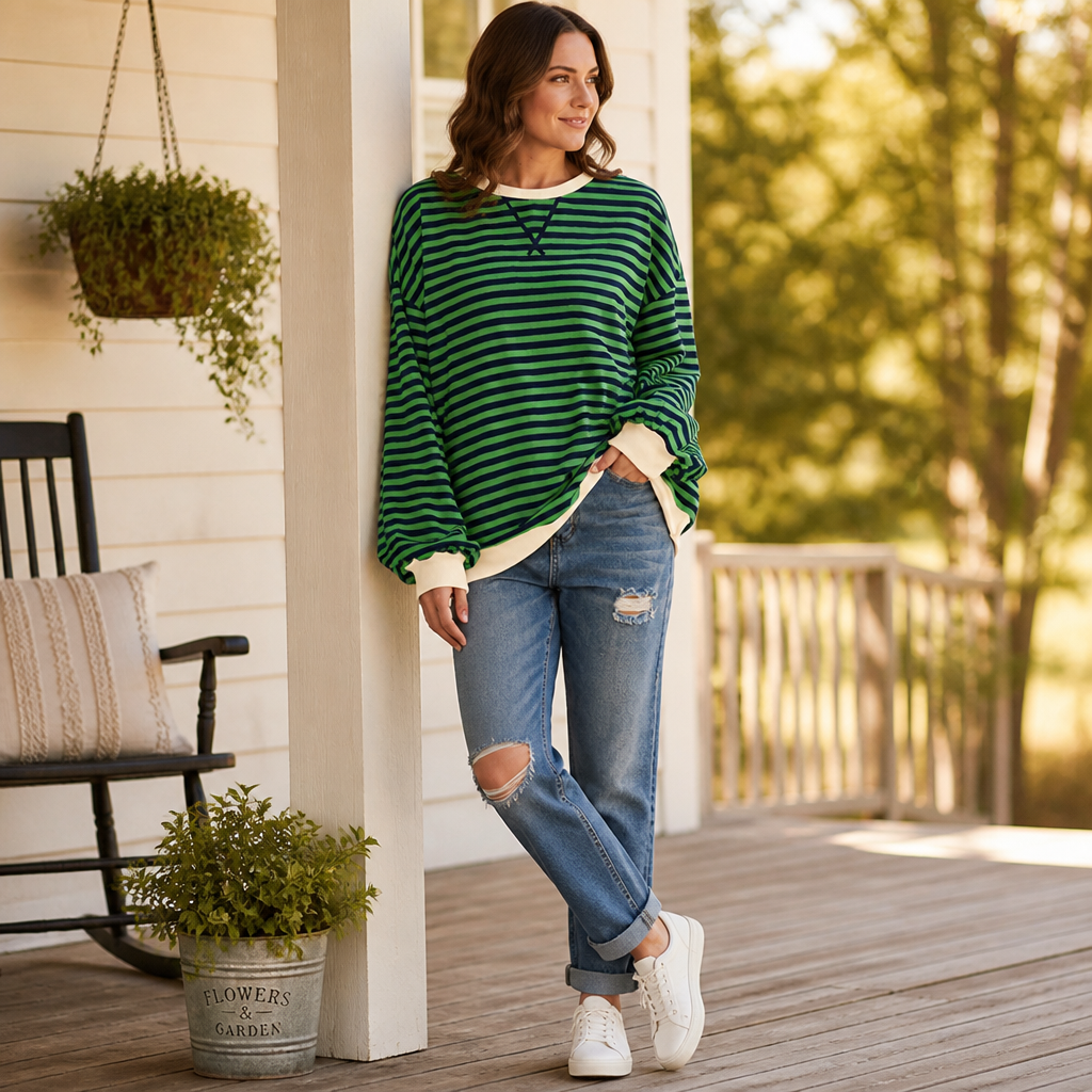 VeroLuxe™ – Relaxed Striped Crewneck Sweatshirt with Contrast Trim