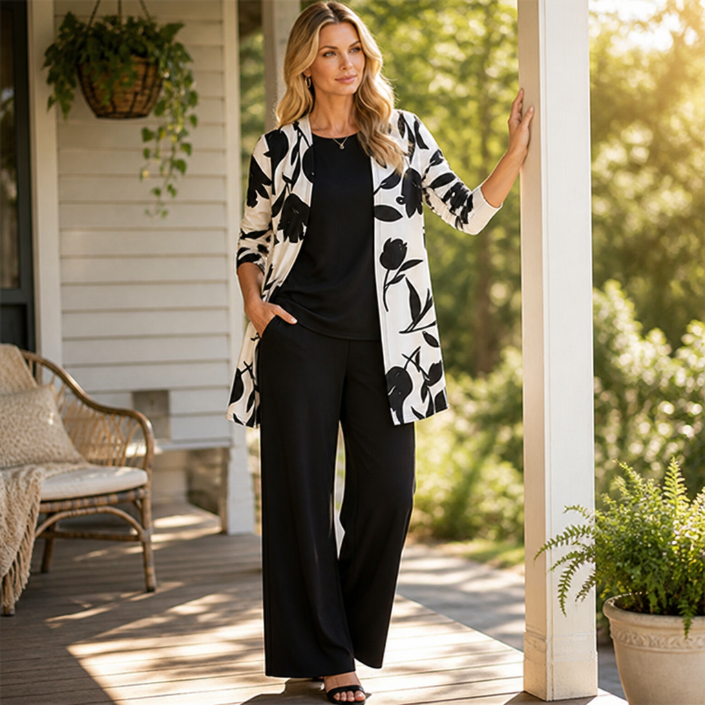 AuraLuxe™ – Elegant Floral Cardigan & Wide-Leg Pant 3-Piece Set