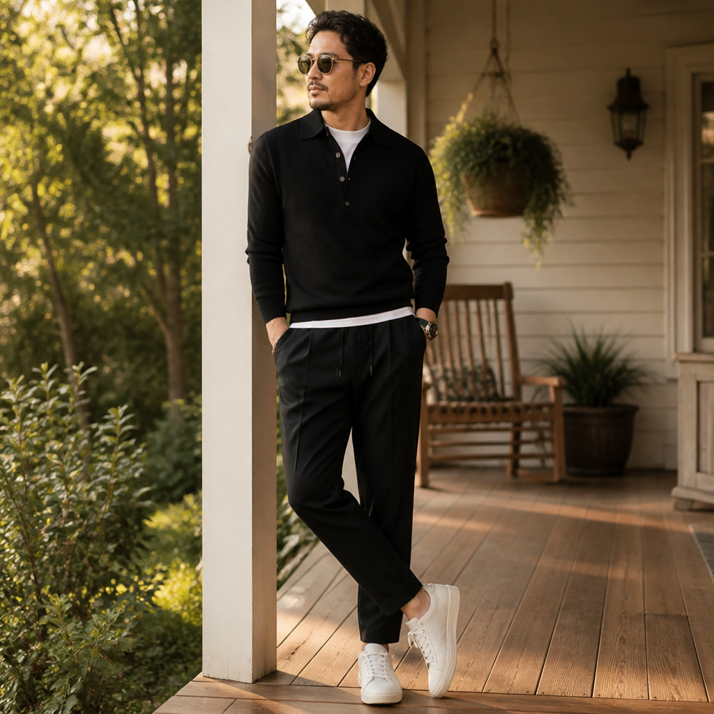 LuxeWave™ – Fine-Knit Long-Sleeve Polo with Three-Button Placket