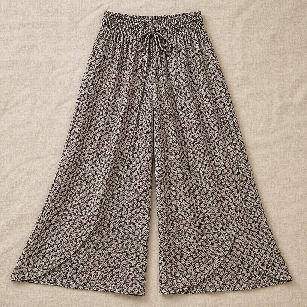 VeloraEase™ – Breezy Printed Wide-Leg Pants with Petal-Wrap Hem