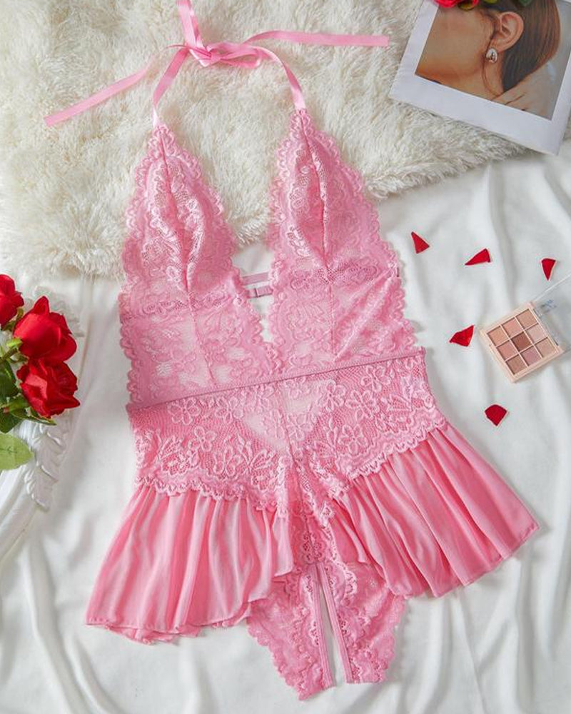 ArdentMist™ – Floral Lace Halter Babydoll with Sheer Mesh Skirt