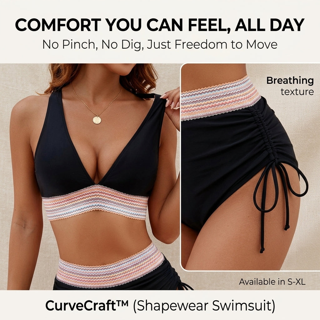 CurveCraft™ – High-Waist Tummy-Smoothing Bikini Set with Ruched Drawstring Bottom