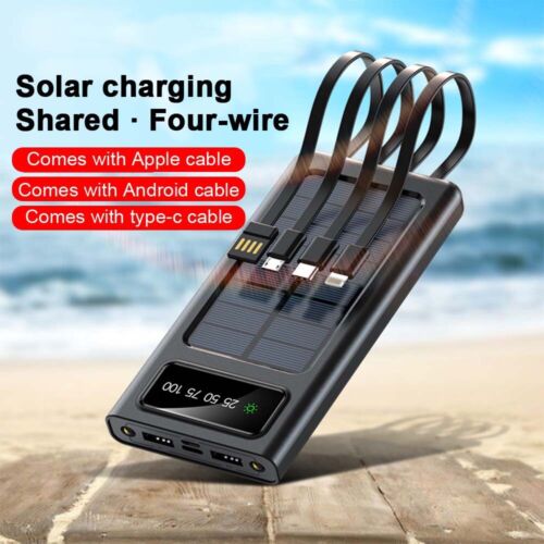 Solar Charger 30000mAh with 4 USB Ports and Integrated Cables