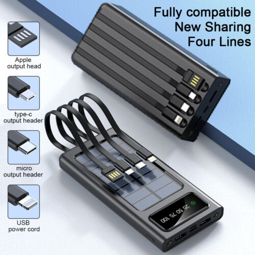 Solar Charger 30000mAh with 4 USB Ports and Integrated Cables