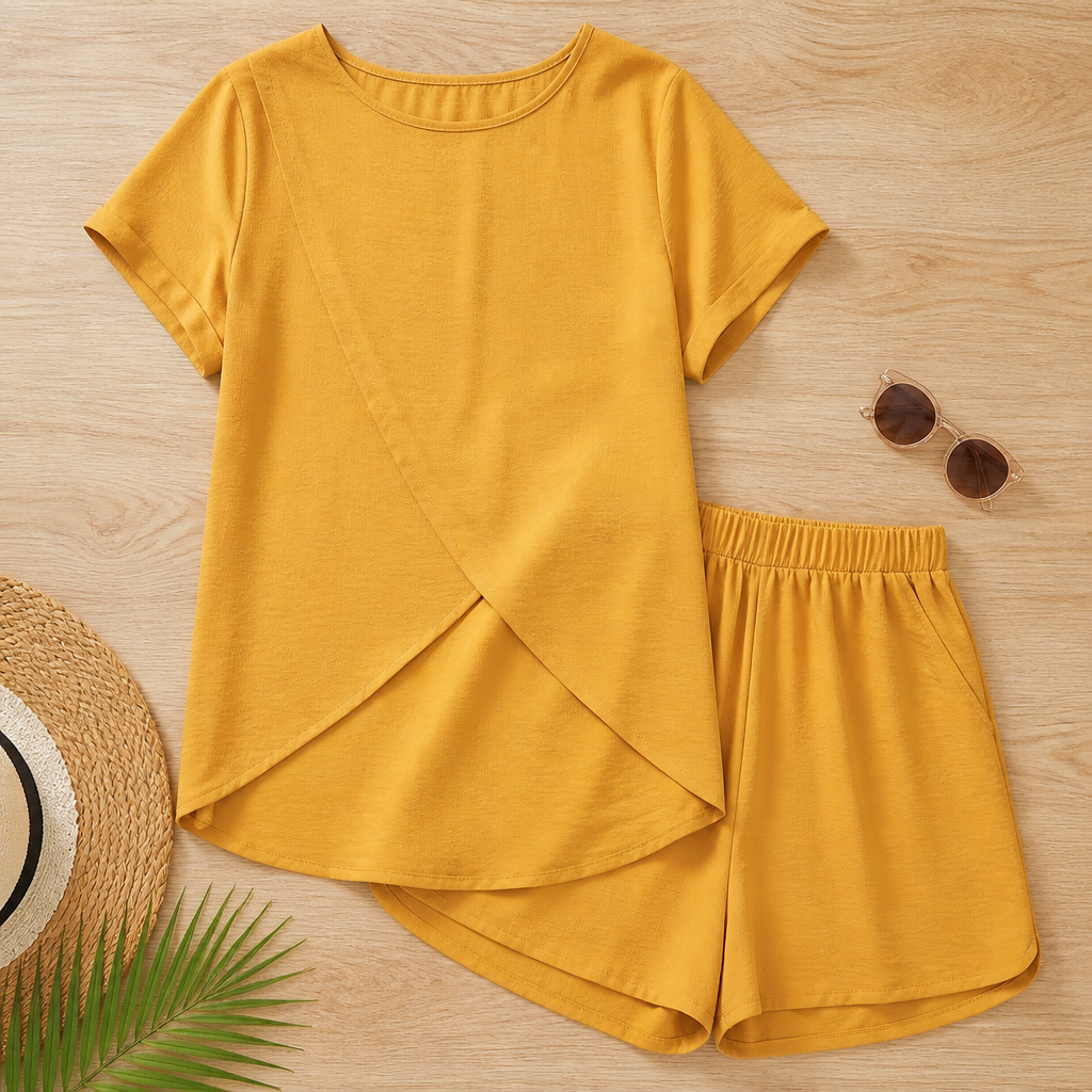 SolaraEase™ – Relaxed Tulip-Hem Top & Shorts Summer Set