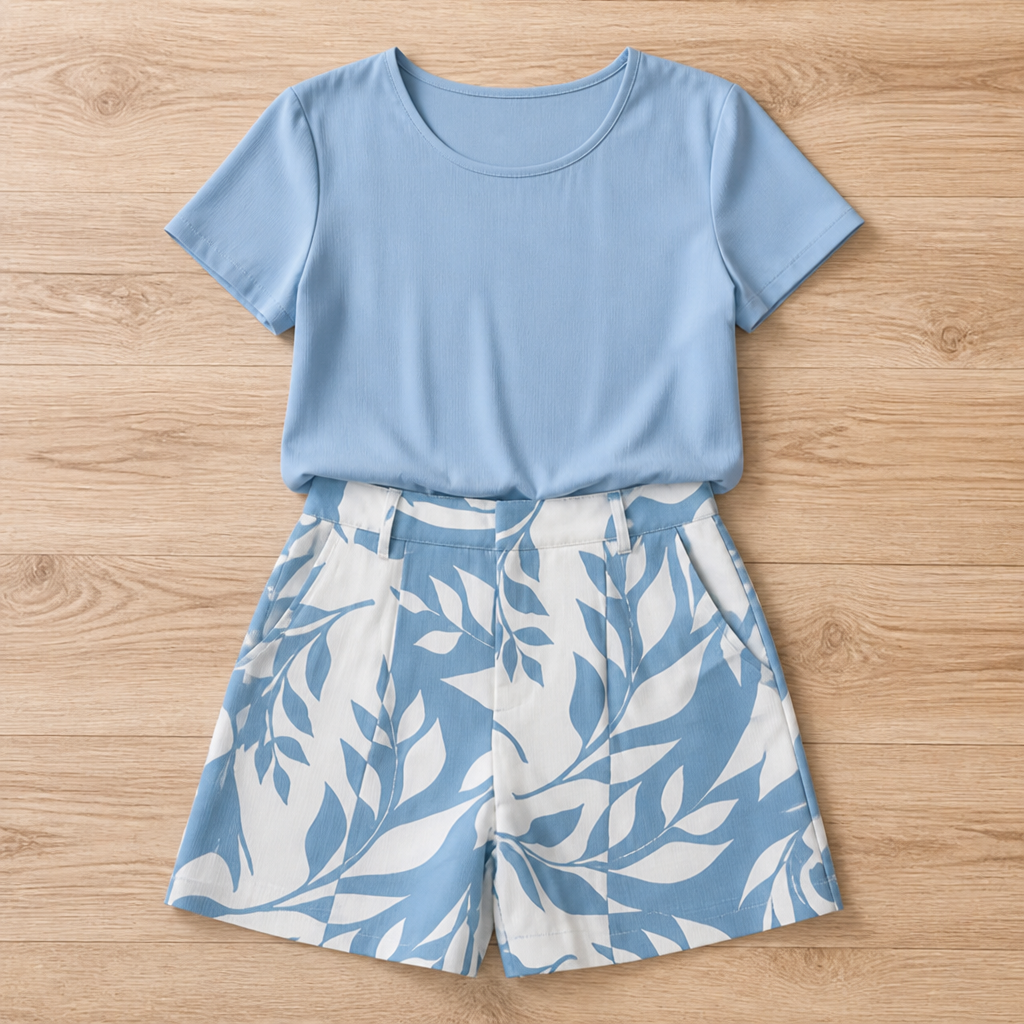 BellaLuxe™ – Breezy Botanical-Print Tee & Shorts Two-Piece Set