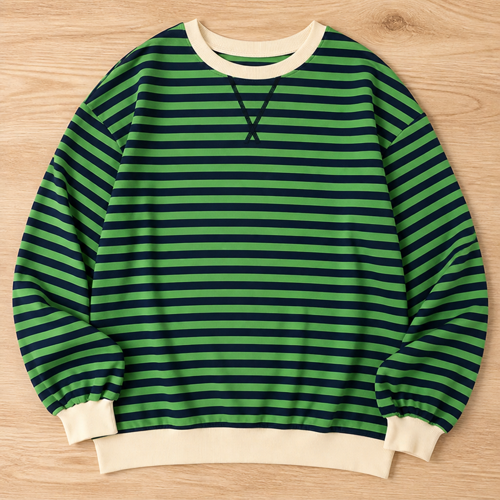 VeroLuxe™ – Relaxed Striped Crewneck Sweatshirt with Contrast Trim