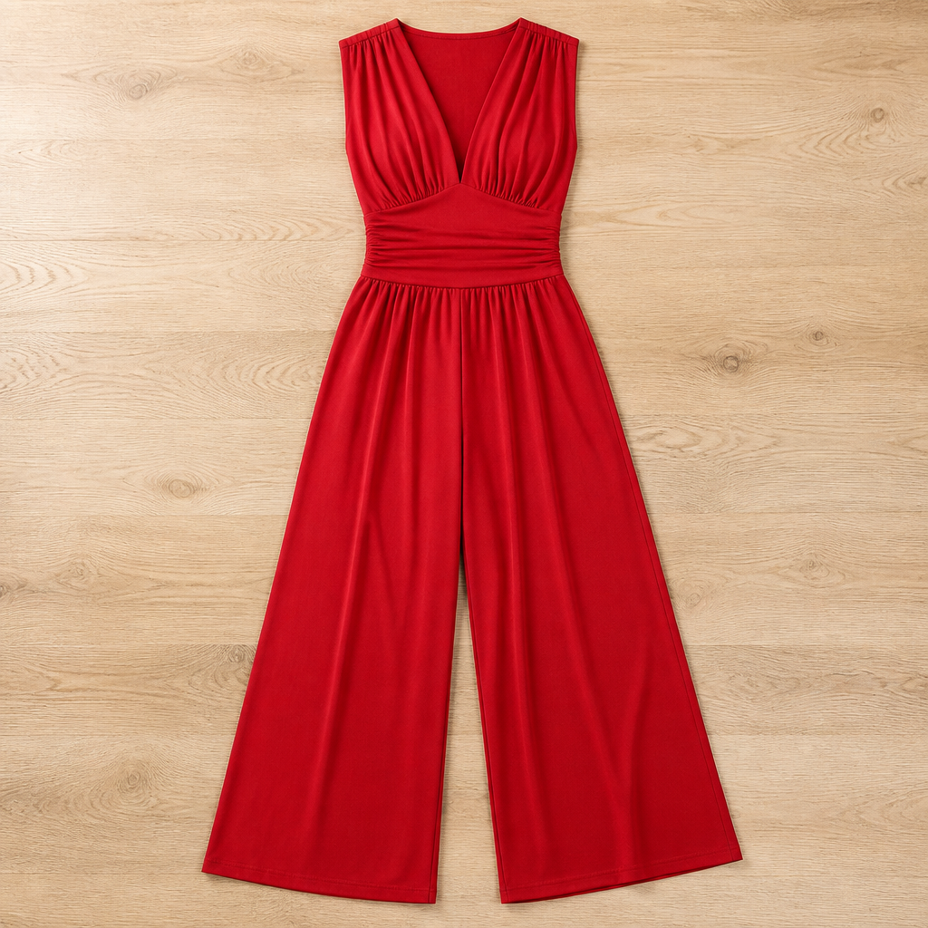 Verisse™ – Flowy Wide-Leg Jumpsuit with Ruched Waist and Deep V-Neck
