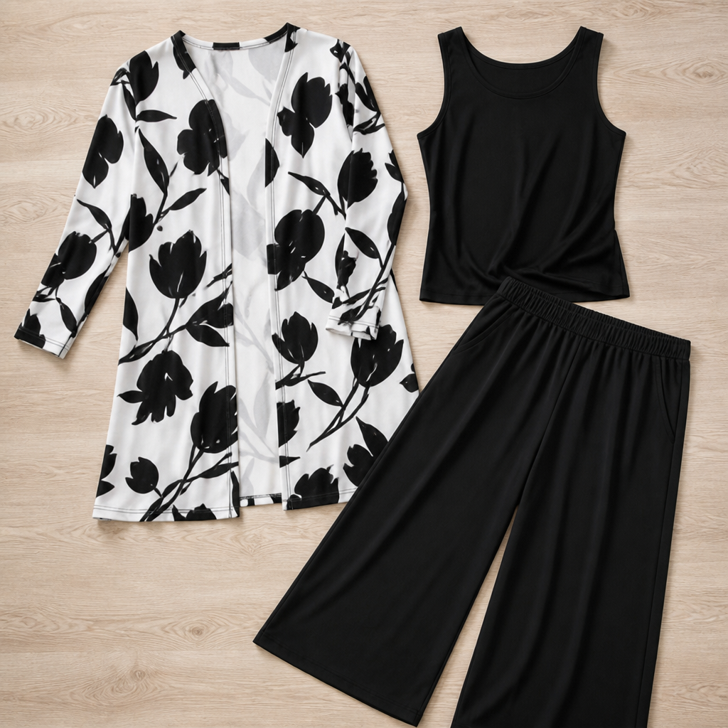 AuraLuxe™ – Elegant Floral Cardigan & Wide-Leg Pant 3-Piece Set