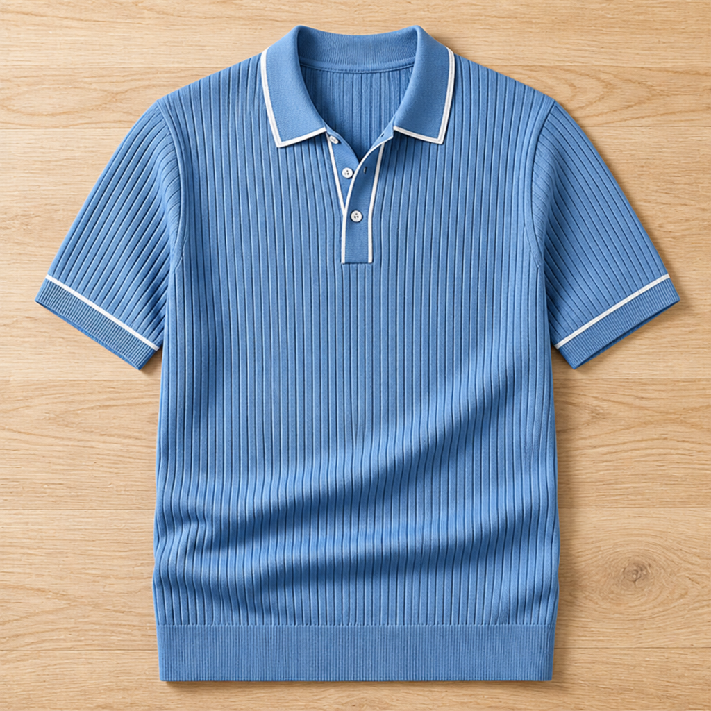 VeroStride™ – Retro Ribbed-Knit Polo with Contrast Tipped Collar