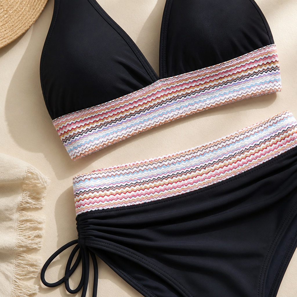 CurveCraft™ – High-Waist Tummy-Smoothing Bikini Set with Ruched Drawstring Bottom