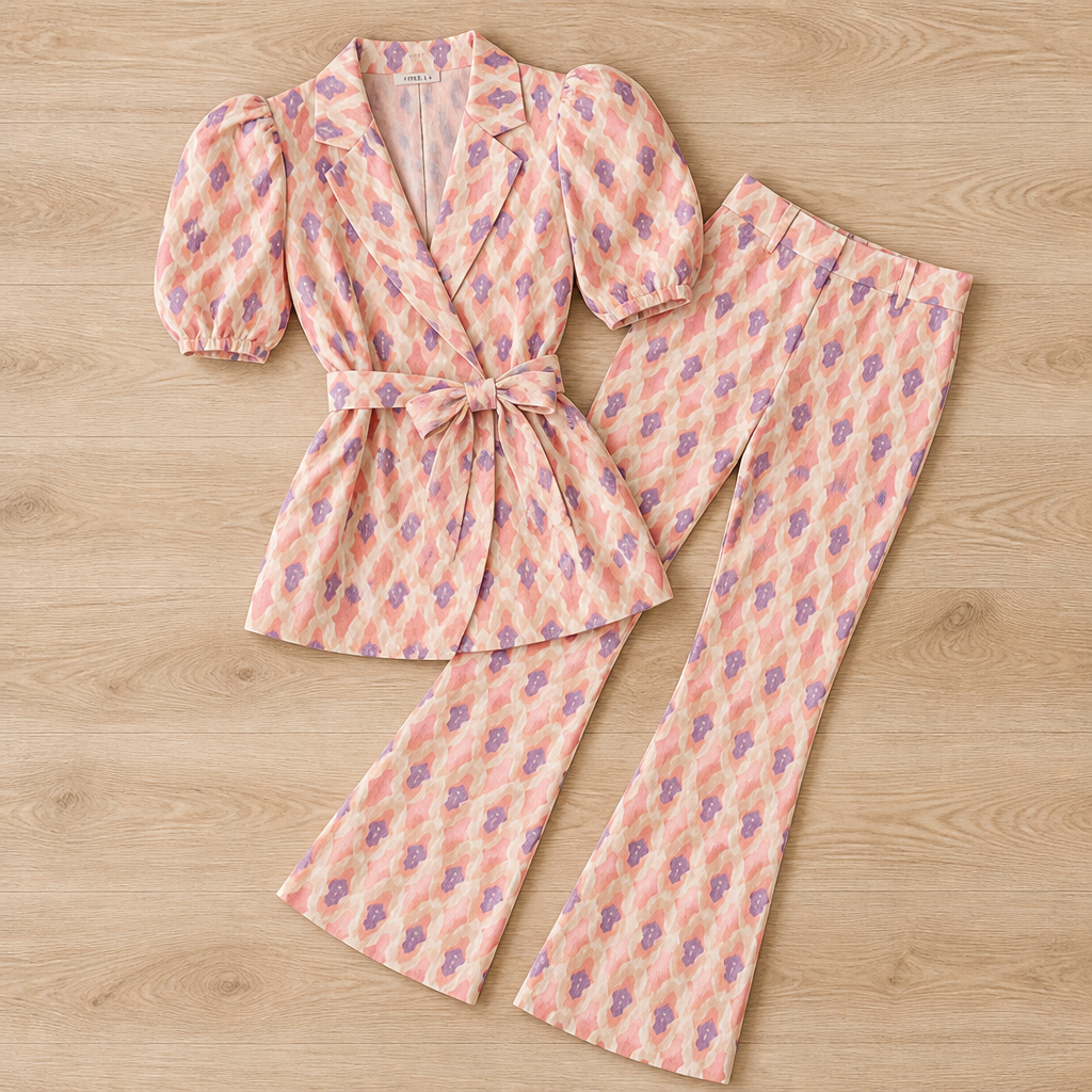 Virelli™ – Retro Printed Wrap Top & Flared Pant Set with Tie Belt