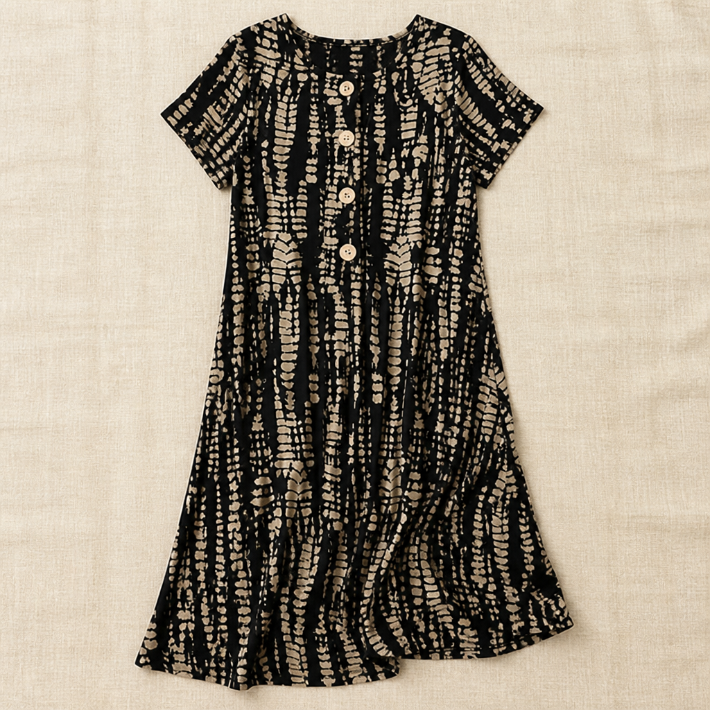 VelaMuse™ – Relaxed Button-Front Abstract Print Swing Dress with Pockets