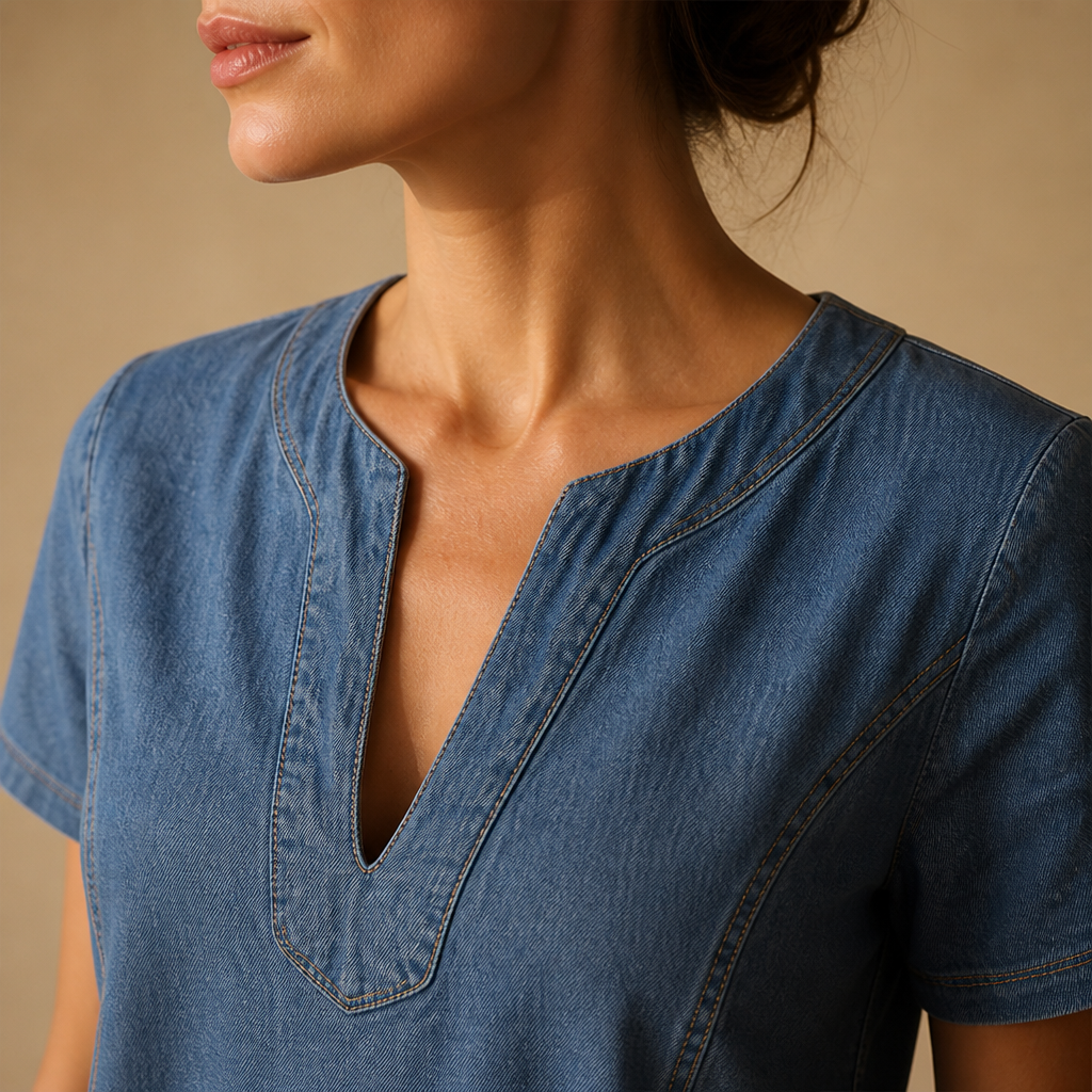 VarelaChic™ – Relaxed V-Neck Denim Shift Dress with Pockets