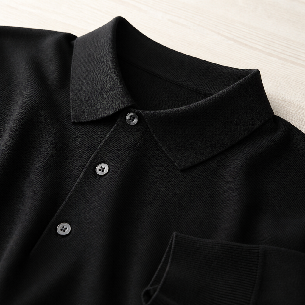 LuxeWave™ – Fine-Knit Long-Sleeve Polo with Three-Button Placket